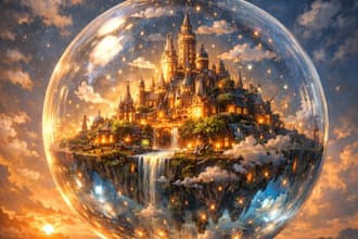 surreal miniature ocean city floating inside a magic glass