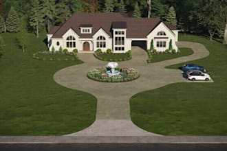 sketch modern residential house,mansion,upscale neighborhood, landscape property