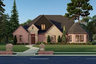 sketch single family home design,stone mailbox pillar facade render,pitched roof