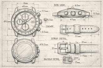 create realistic 3d watch technical drawing, watch modelling with manufacturing