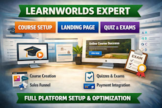 design learnworlds course, landing page, setup quizzes, exams full platform