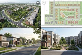 render and animate 3d master plan for USA, urban site plan, and residential