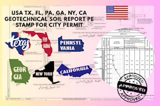 usa tx, fl, pa, ga, ny, ca geotechnical soil report pe stamp for city permit