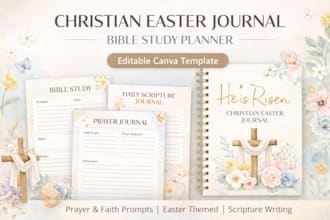 design christian easter journal, bible study planner, faith workbook in canva