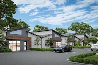 refurbish house exterior, pitched roof, landscape, real estate development, cgi