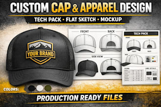 design cap, hat, t shirt, bag, dad cap, trucker tech pack,flat sketch and mockup