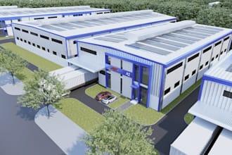 visualize 3d warehouse interior and exterior, 4k rendering,walkthrough,site plan