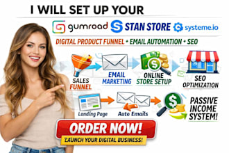 set up gumroad systeme io stan store digital product funnel email automation seo