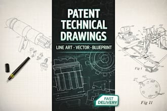 draw ustpo patent technical line art vector illustration blueprint utility fast