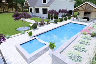 design backyard oasis,outdoor living landscape, patio,pool deck,exterior render