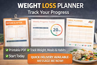 design weight loss planner printable, fitness tracker and meal planner