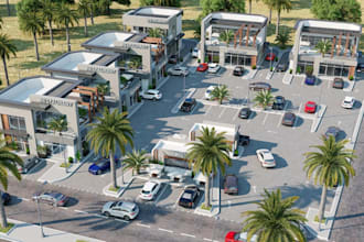 render modern drive thru restaurants, design scot coffee shops, exterior visuals