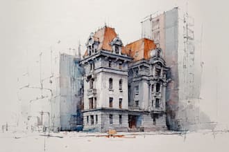draw an architectural digital marker or watercolor sketches