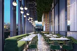 visualize 3d outdoor bar, restaurant furniture layout, lounge interior rendering