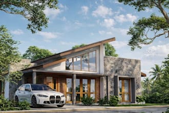 3d contemporary single story house,luxury exterior,facade render,cgi rain garden