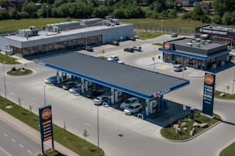 3d gas station, fuel retail, car parking, supermarket interior, commercial space