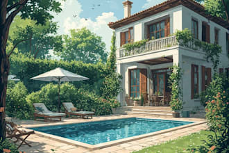 design landscape, home garden, pool, patio, villa landscape