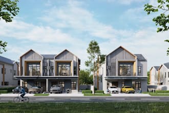 model two story terraced house,facade design,residential building,balcony render