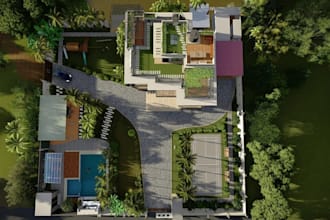 3d duplex house exterior, swimming pool render, tropical villa landscape design