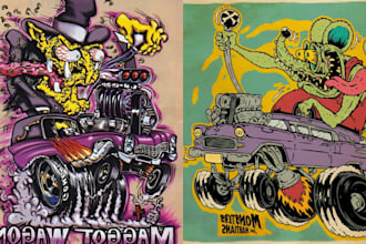 design custom rat fink style mascot logo, hot rod cartoon vintage illustrator