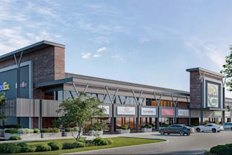 recreate 3d shopping center, street restaurant exterior,food court rendering