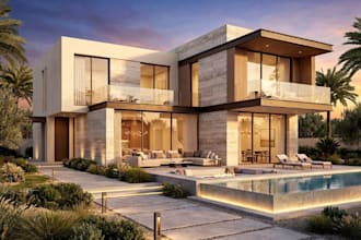 visualize 3d villa exterior facade, landscape remodel, minimalist interior decor