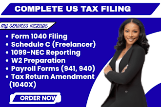 file 1040, sch c, 1099 nec, w2, 941, 940, 1040x US tax file business