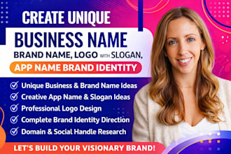create unique business name brand name logo with slogan, app name brand identity