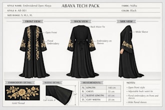 design islamic clothing techpack elegant female abaya with textile print design