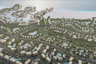 design 3d waterfront community, urban masterplan, landscape park, aerial render