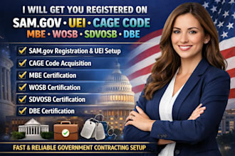 get you registered on sam gov, uei, get cage code, mbe, do wosb, sdvosb, dbe