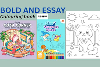 draw KDP coloring pages, bold and essay, book cover, cozy kids book illustration