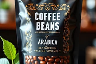 create premium product packaging design for coffee pouch, food box, and labels