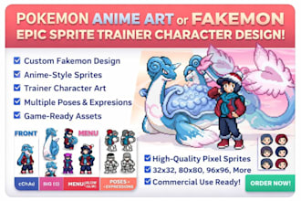 create pokemon anime art game or fakemon epic sprite trainer character design
