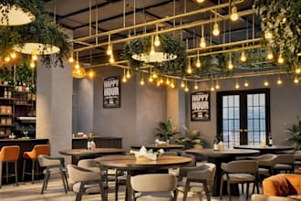 restyle fast food restaurant,cozy interior,functional layout plan,cgi cafe decor