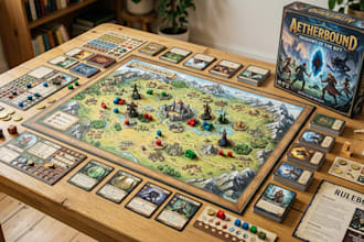 design board game UI, card layouts, card decks and artwork and tabletop artwork