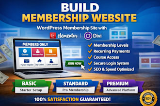build membership website, wordpress membership website with elementor or divi