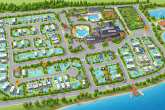 design rv park map, campground map, 2d 3d vector resort map in illustrator