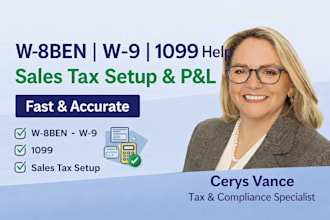 prepare your w8ben, w 9, 1099 forms, sales tax setup, profit and loss statement
