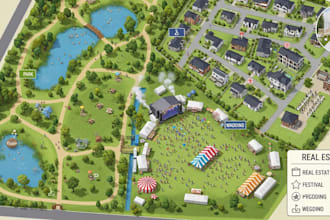 design event map, park map, festival map, wedding and real estate maps in 2d 3d