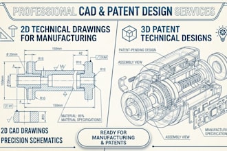 create 2d cad drawings and 3d patent technical design for product manufacturing