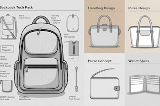 design full tech pack for bag concept backpack, handbag, purse, wallet