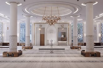 design realistic 3d mosque interior with islamic architectural details
