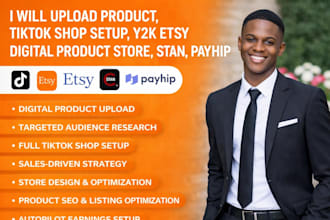 upload product, tiktok shop setup, y2k etsy digital product store, stan, payhip