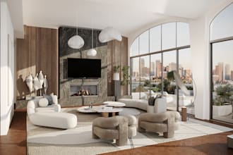 create a realistic 3d living room interior design and rendering