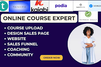 design online course website on thinkific teachable, membervault,  kajabi podia