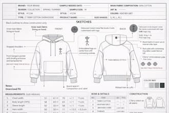 create clothing tech pack and technical flats for fashion tech pack brand