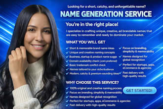 create short, unique name for your brand, startup with trademark, domain check