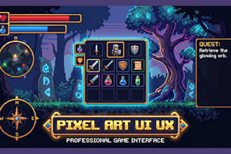 pixel art UI UX, game assets icons, console pixel game, game ui design, props