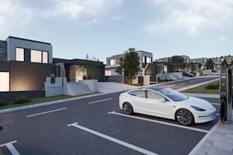 visualize 3d residential street scene,luxury villa neighborhood,amenities render